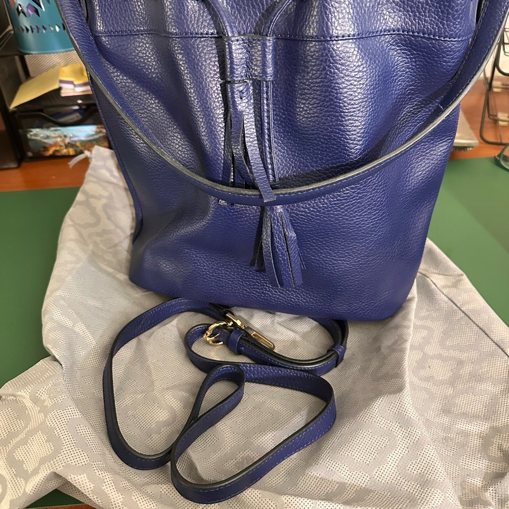 C Wonder Blue Pebbled Leather Drawstring Bucket Bag with Gold Logo - Picture 6 of 7